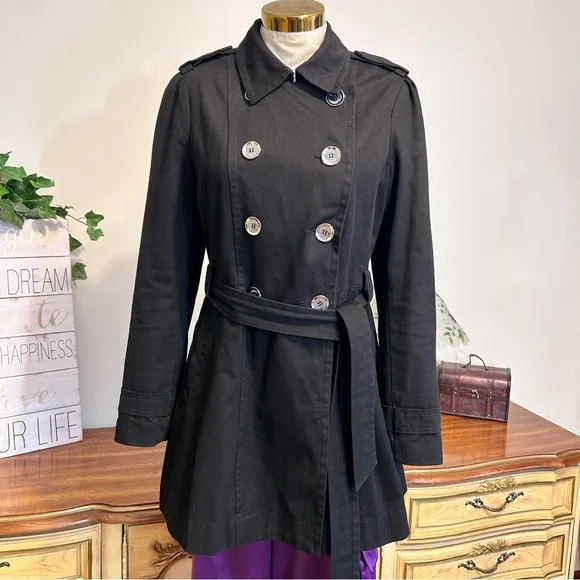Express Black Denim Double-Breasted Belted Silver Button Trench Coat - Picture 5 of 16